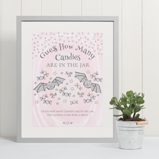 Affiche Chauves-souris roses Devinez combien de bonbons Ba (Cute & Whimsical Fall Baby Shower Game Poster. Frame Not Included. Hand-Drawn Baby Bats Drawing.)