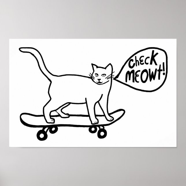 Affiche Check Meowt Punny Skateboarding Cat Black White (Devant)
