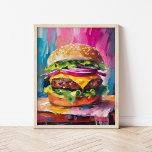 Affiche Cheeseburger coloré Art Abstrait moderne<br><div class="desc">Une peinture moderne amusante et ludique d'un cheeseburger géant chargé. L'oeuvre est mise en vie avec des coups de pinceau texturés et abstraits aux couleurs vives comme le rose, le bleu et le jaune. L'utilisation audacieuse de la couleur et de l'échelle exagérée donnent au cheeseburger une sensation énergique et fantaisiste....</div>