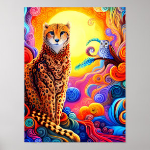 Affiche Cheetah et Chouette d'Afrique avec soleil en perle