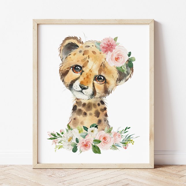 Affiche Cheetah, Safari, Fleurs roses, Pépinière (Créateur téléchargé)