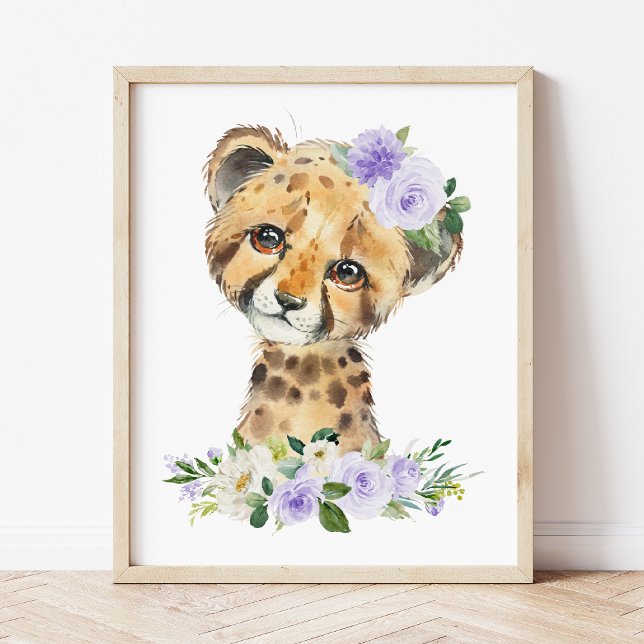 Affiche Cheetah, Safari, Fleurs violettes, Neutre Genre (Créateur téléchargé)