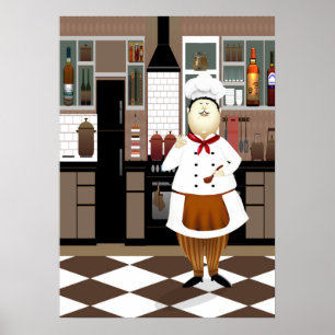 Affiche Chef amusant avec grand Casquette en cuisine