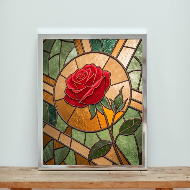 Affiche Chef-d'œuvre de vitrail Rose Carmine Enchantée (Créateur téléchargé)