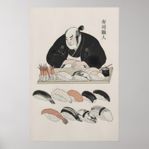 Affiche Chef japonais traditionnel et art de sushi varié