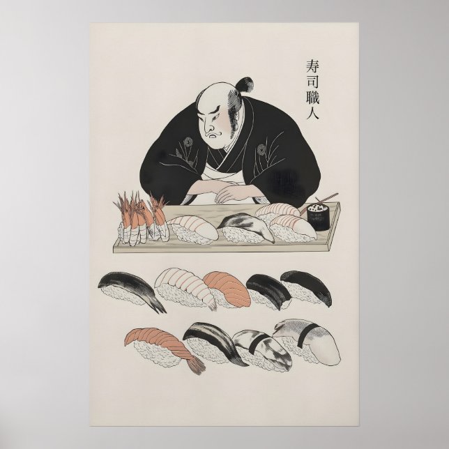 Affiche Chef japonais traditionnel et art de sushi varié (Devant)