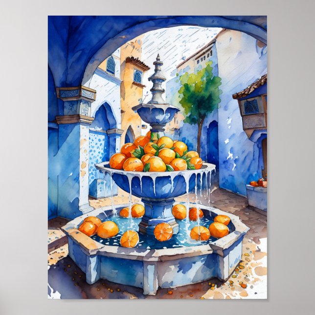 Affiche Chefchaouen Maroc Fontaine orange Aquarelle (Devant)