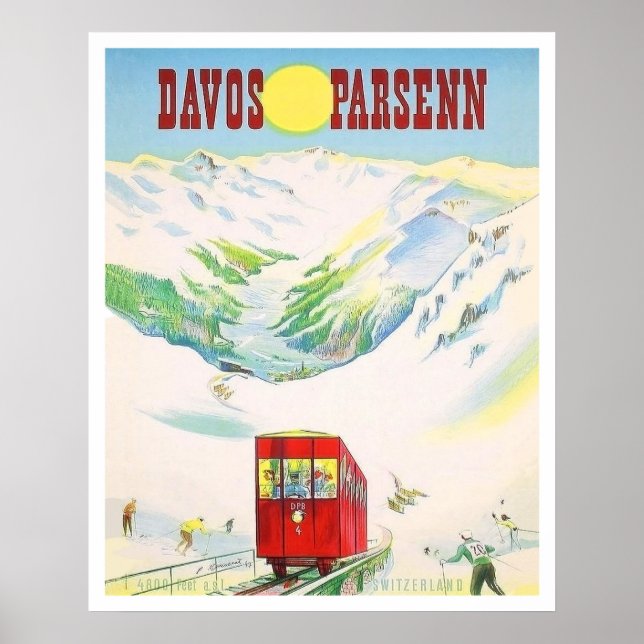 Affiche Chemin de fer Davos Parsenn, train rouge, voyage v (Devant)