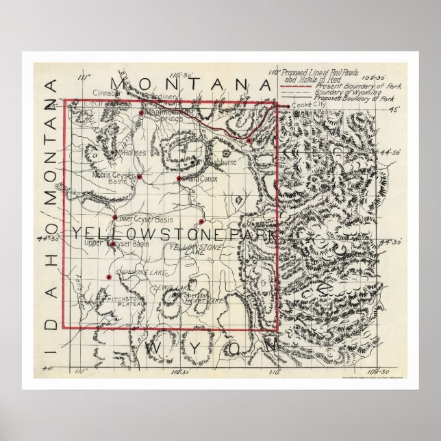 Affiche Chemin de fer de Yellowstone et carte d'hôtel 1900 (Devant)