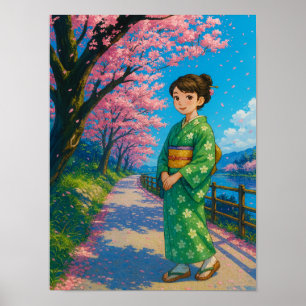 Affiche Chemin de fleurs au printemps - Japonais Kimono Gi
