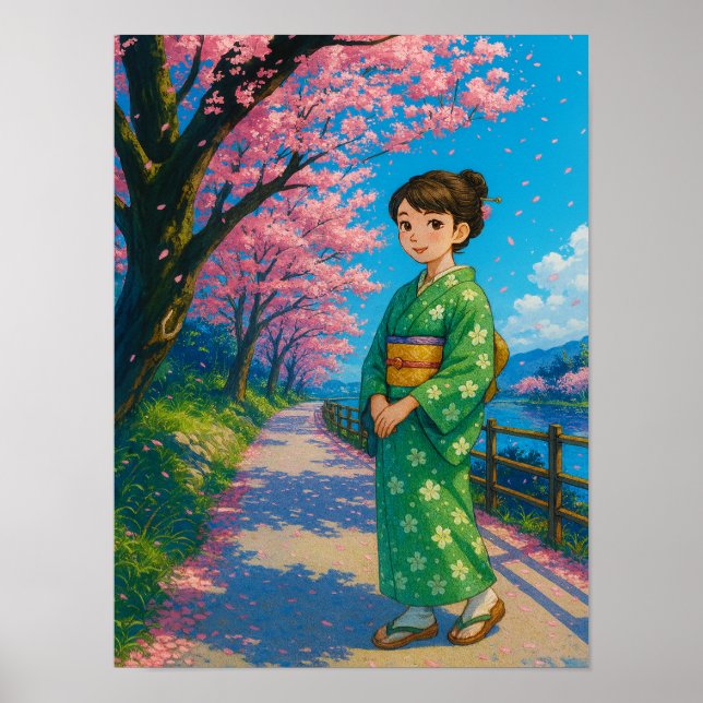 Affiche Chemin de fleurs au printemps - Japonais Kimono Gi (Devant)