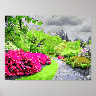 Affiche Chemin de jardin serein avec fleurs roses vives