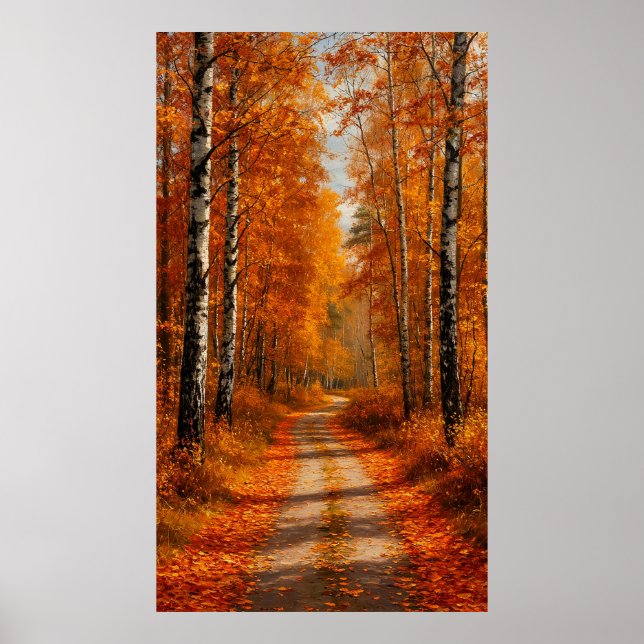 Affiche Chemin de la forêt de bouleaux dorés sous la douce (Devant)