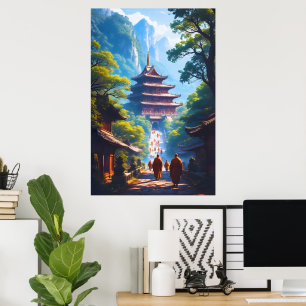 Affiche Chemin de la pagode mystique au lever du soleil