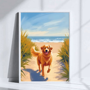 Affiche Chemin de plage Golden Retriever   Chien océan ani
