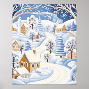 Affiche Chemin d'hiver à travers le village enneigé et les