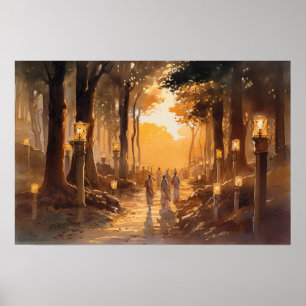 Affiche Chemin du pèlerin aquarelle à travers les bois