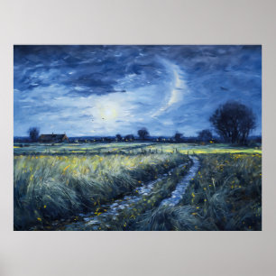 Affiche Chemin éclairé par la lune à travers le paysage de