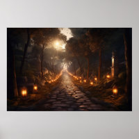 Chemin pavé sinueux à travers les bois au crépuscu