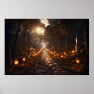 Affiche Chemin pavé sinueux à travers les bois au crépuscu