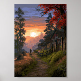 Affiche Chemin rural rétro en pixel art
