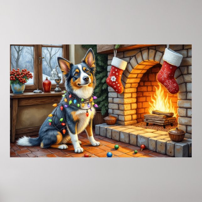 Affiche Cheminée Blue Heeler avec lumières de Noël (Devant)