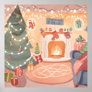 Affiche Cheminée de Noël à l'aquarelle