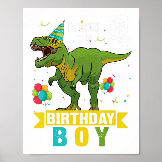 Affiche Chemise 4 Ans 4e Anniversaire Garçon T Rex Dinosau (Devant)
