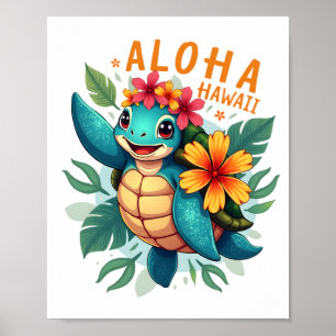 Affiche Chemise hawaïenne Aloha Hawaï Tortue de mer Fille