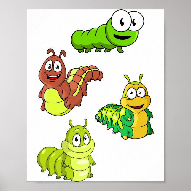 Affiche Chenilles de dessin animé vert jaune marron (Devant)