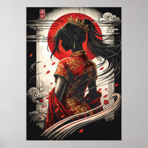 Affiche Cheongsam Chinoise Rouge Princesse Anime Art