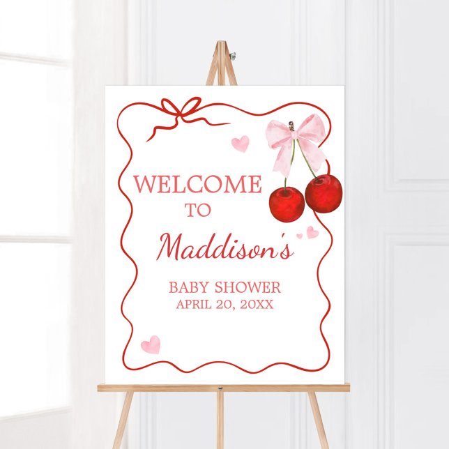 Affiche Chercher sur le Baby shower en bois rose Accueil (Cherry on Top Baby Shower Welcome Sign)