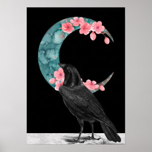 Affiche Cherry Blossom Crescent Moon and Crow