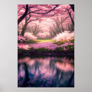 Affiche Cherry Blossom Dreamscape au bord de la rivière