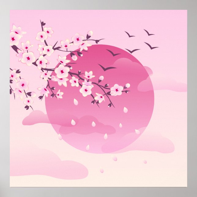 Affiche Cherry Blossom Paysage japonais rose (Devant)