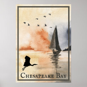 Affiche Chesapeake Bay Bateau à voile et coucher de soleil