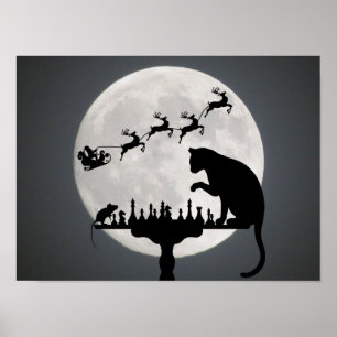 Affiche Chess Père Noël Pleine lune Chat et jeu de souris