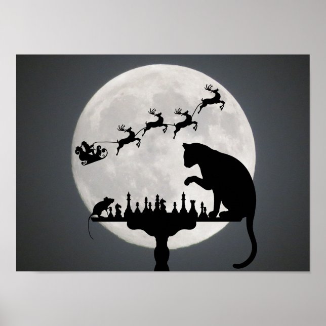 Affiche Chess Père Noël Pleine lune Chat et jeu de souris  (Devant)