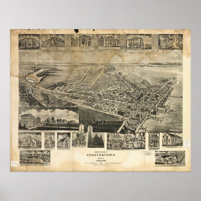Affiche Chestertown Maryland 1907 Carte panoramique antiqu (Devant)