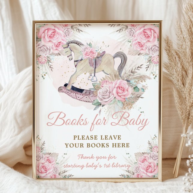 Affiche Cheval à Bascule Fleurs Rose Pampa Livres pour Béb (rocking horse boho pink roses pampas grass bring books for baby baby shower poster sign printed file)