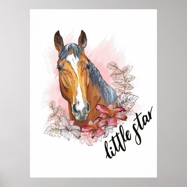 Affiche Cheval à main avec plantes et fleurs T-shirt (Devant)