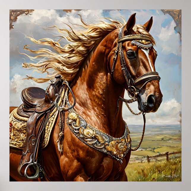 Affiche Cheval Alezan avec Selle Ornée Sous un Ciel Ensole (Devant)