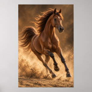 Affiche Cheval Alezan Galopant dans la Poussière Dorée Équ