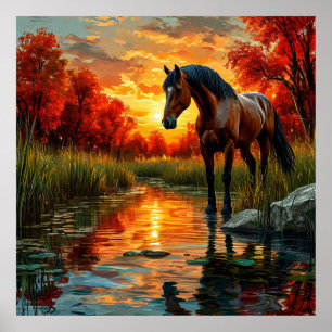 Affiche Cheval au bord d'un ruisseau au coucher du soleil