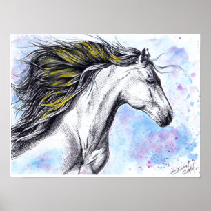 Affiche Cheval au galop sauvage Aquarelle et encre Art équ