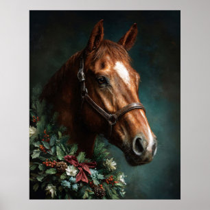 Affiche Cheval avec couronne de fête et ruban rouge