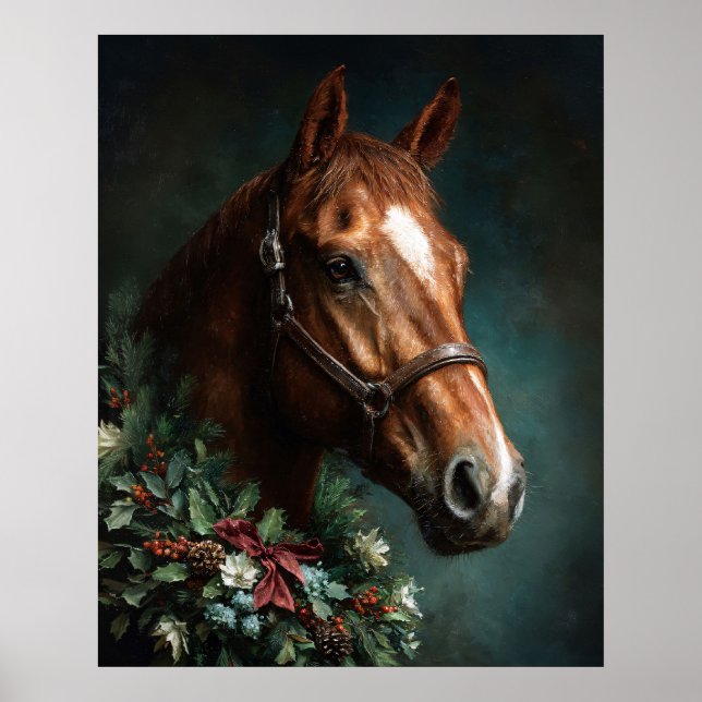 Affiche Cheval avec couronne de fête et ruban rouge (Devant)