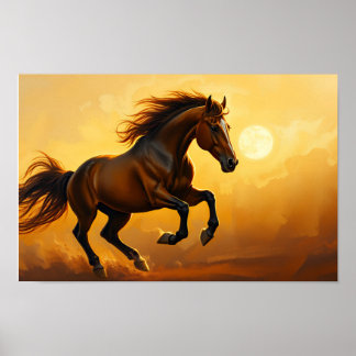 Affiche Cheval bai galope, ciel de coucher de soleil, crin