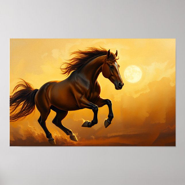Affiche Cheval bai galope, ciel de coucher de soleil, crin (Devant)