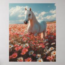 Cheval blanc au milieu d'un pré en fleurs